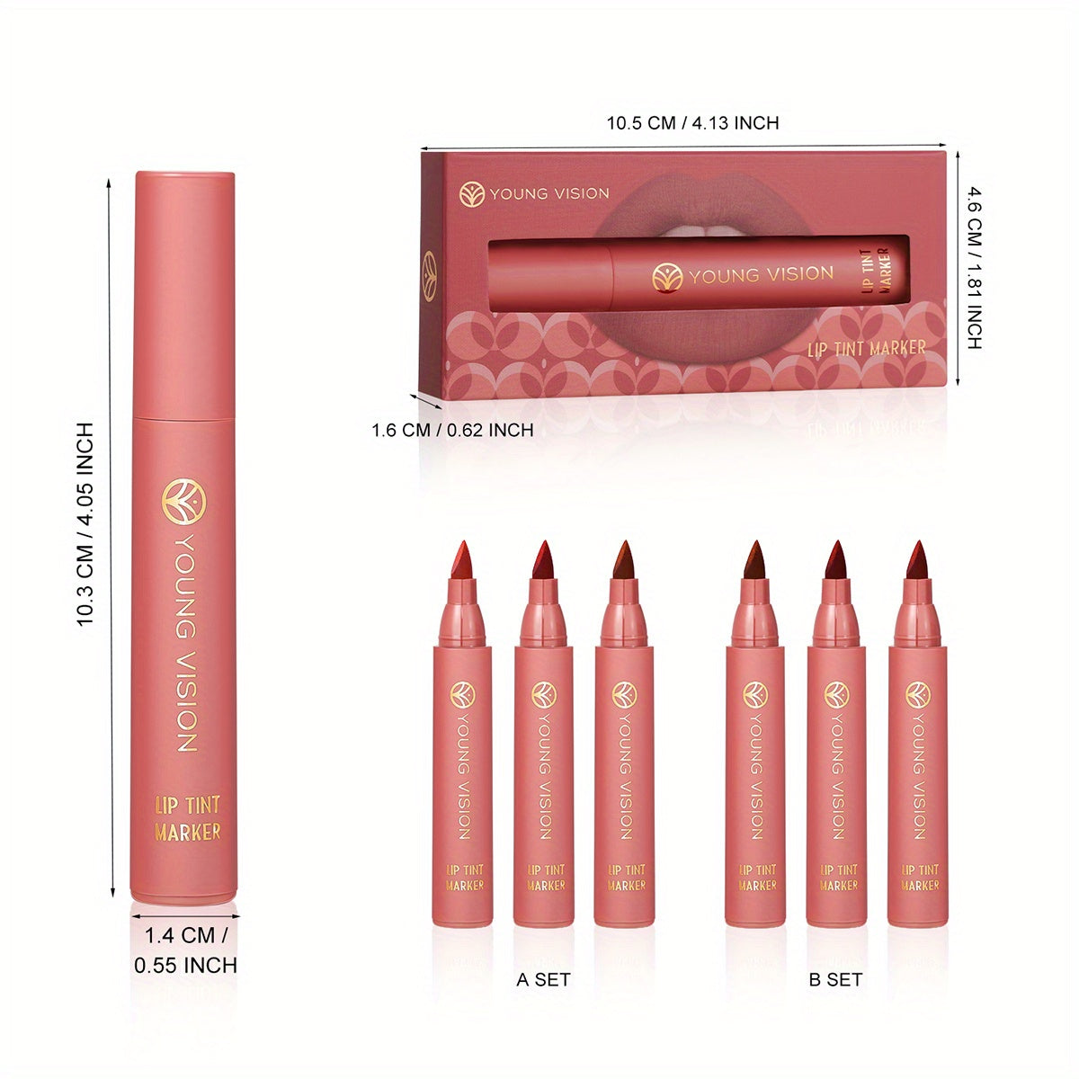 YOUNG VISION Lip Tint Marker 3 PCS Set, Lightweight Lip Stain, Liquid lipstick with Nude Matte Shades, Lip Liner and Stick 2-in-1, Long Wearing and Waterproof