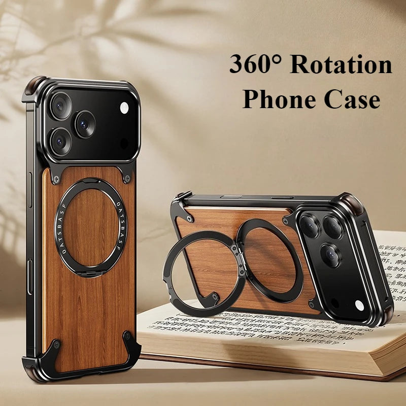 Oatsbasf Solid Wooden Phone Case for iPhone 17 Pro/Pro Max/17 Air with 360° Rotatable Kickstand Magnetic Shockproof Protective