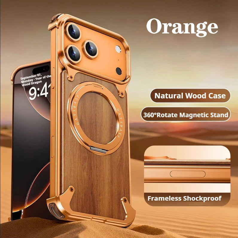 Oatsbasf Solid Wooden Phone Case for iPhone 17 Pro/Pro Max/17 Air with 360° Rotatable Kickstand Magnetic Shockproof Protective