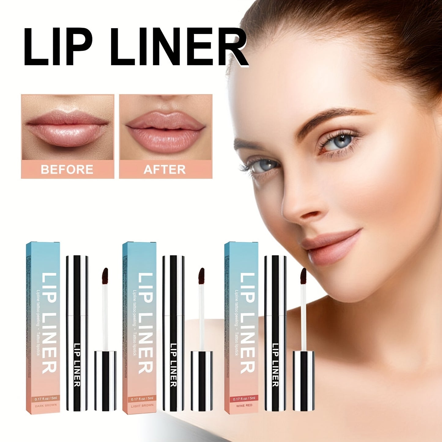 Pack of 3 Lip Liner, Peel Off Lip Liner Tattoo, Peel Off Lip Stain, Long Lasting Lip Stain Peel Off