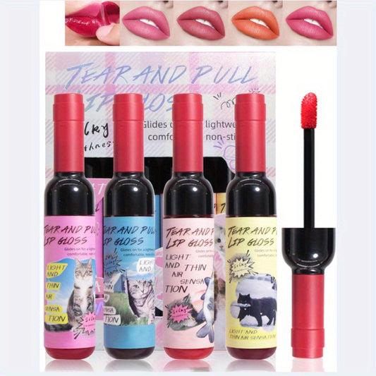 Peel Off Lip Stain Kit-4 Colors Tattoo Magic Color Peel Off Lip Tint Long Lasting Waterproof Tear-off Lip Gloss, Highly Pigmented Mini Wine Bottles Peel Reveal Matte Liquid Lipstick, Gift Set for Women
