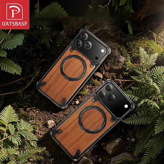 Oatsbasf Solid Wooden Phone Case for iPhone 17 Pro/Pro Max/17 Air with 360° Rotatable Kickstand Magnetic Shockproof Protective